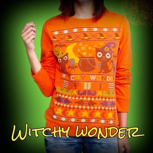 Halloween 🎃 WITCHY WONDER Orange Sweatshirt CATS BATS HATS Women’s Size Large - Picture 1 of 1